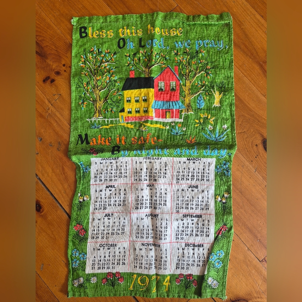 Vintage 1974 Green Calendar Tapestry